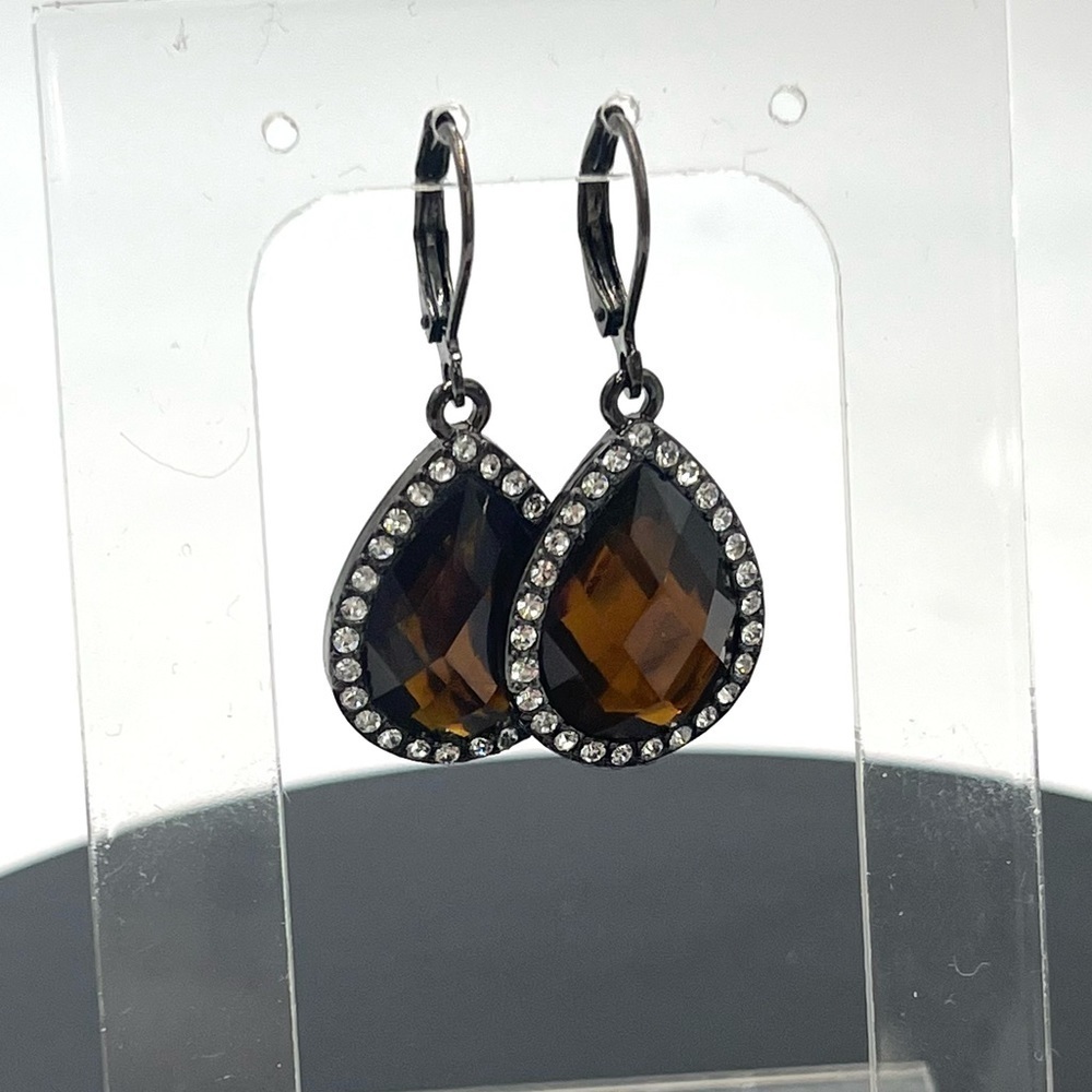 Joan Rivers Gunmetal Resin & Crystal Sweet Little Brown‎ Tear Drop Earrings new